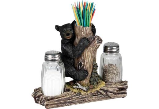 RIVERS EDGE BEAR HOLDING GLASS SALT & PEPPER SHAKERS W/THTPCK