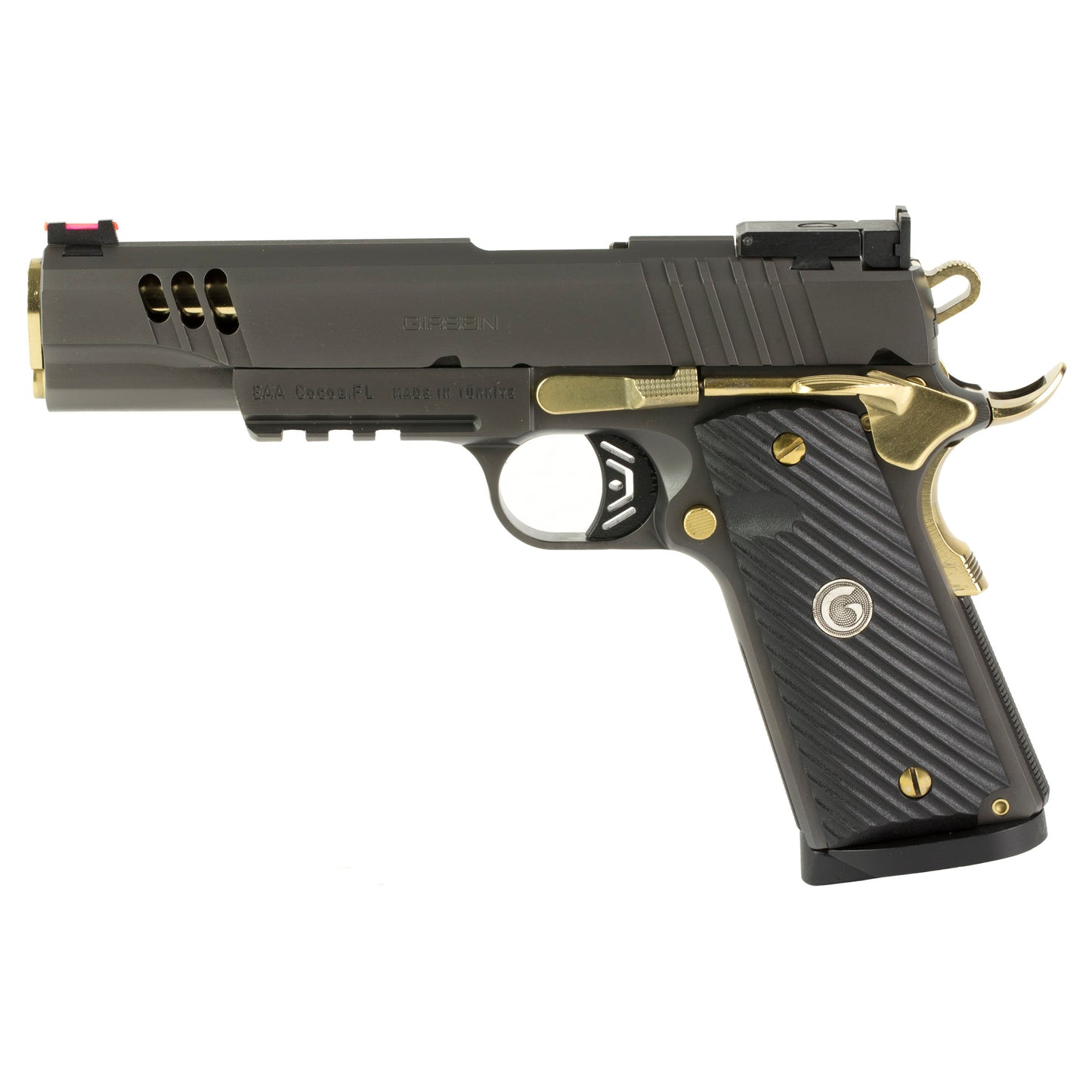 Girsan, MC1911 Negotiator, Semi-automatic, 1911, Metal Frame Pistol, Full Size, 45 ACP, 5" Barrel, Titanium Nitrate Finish, Black with Gold Accents, G10 Grips