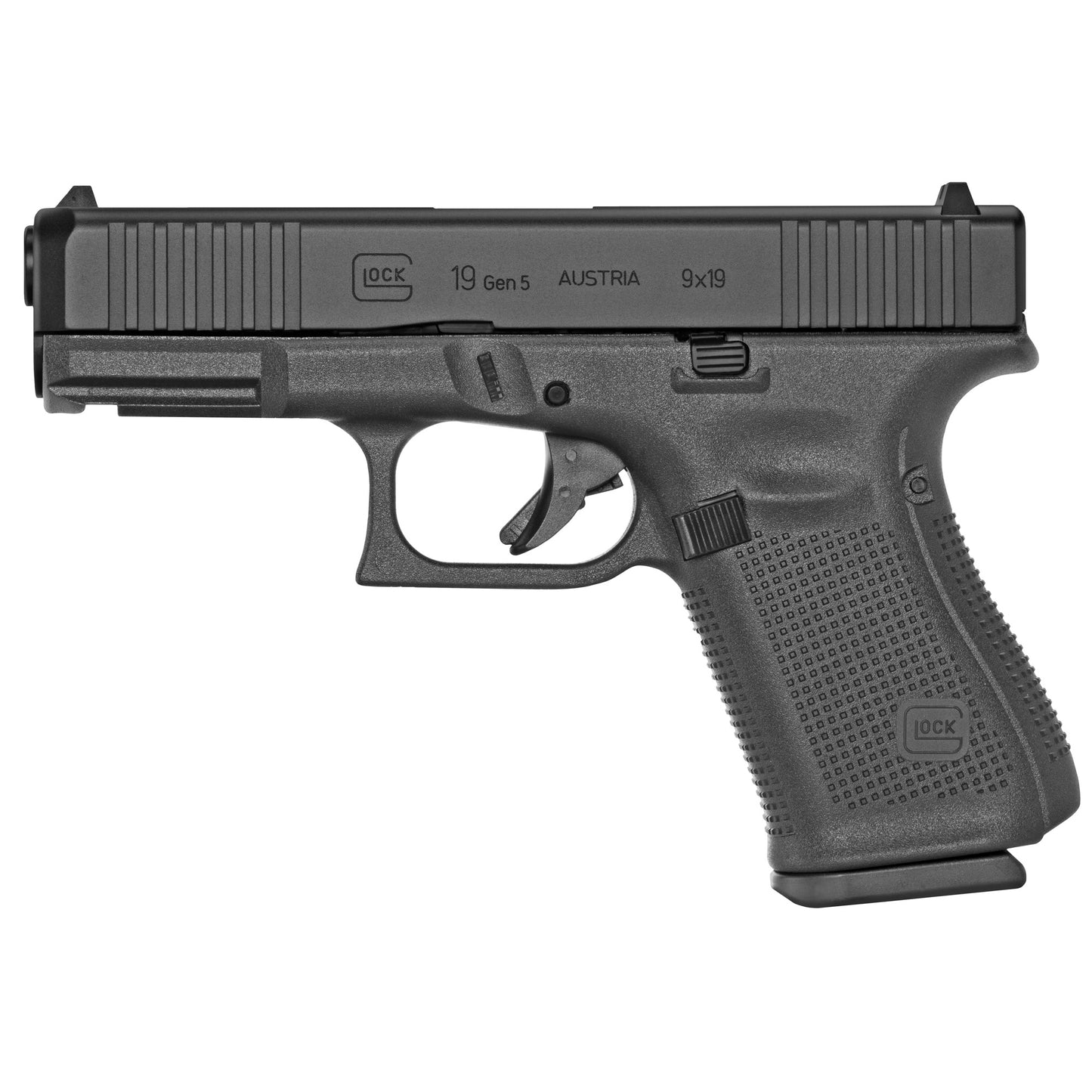 Glock, 19 Gen5, Striker Fired, Compact, 9MM, 4.02" Marksman Barrel, Polymer Frame, Matte Finish, Fixed Sights, 15Rd, 3 Magazines, Ambidextrous Slide Stop Lever, Flared Mag Well, nDLC Finished Slide and Barrel, No Finger Grooves, Front Serrations