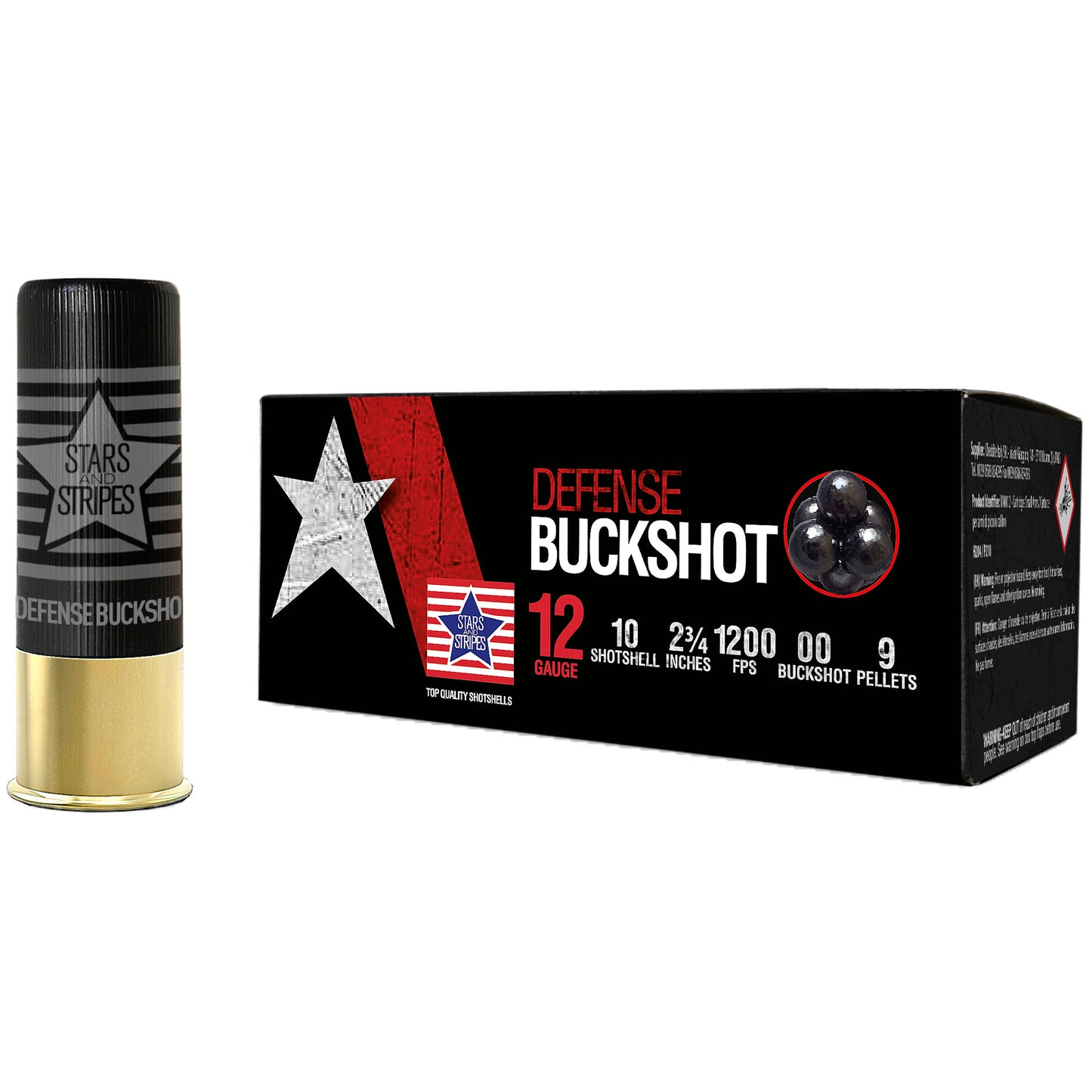 Stars and Stripes Defense Ammunition, 12 Gauge 2.75", Buckshot, 9 Pellets, 10 Round Box