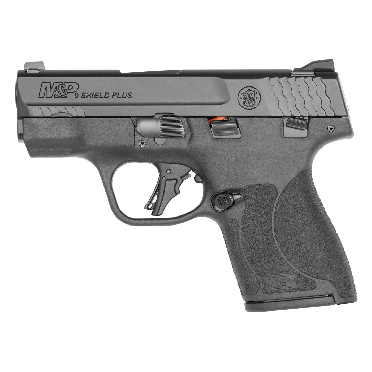 Smith & Wesson, Shield Plus, Semi-automatic, Striker Fired Polymer Frame Pistol, Micro-Compact, 9MM, 3.1" Barrel, Armornite Finish, Black, White Dot Sights, Manual Thumb Safety, Flat Face Trigger, 10 Rounds, 2 Magazines