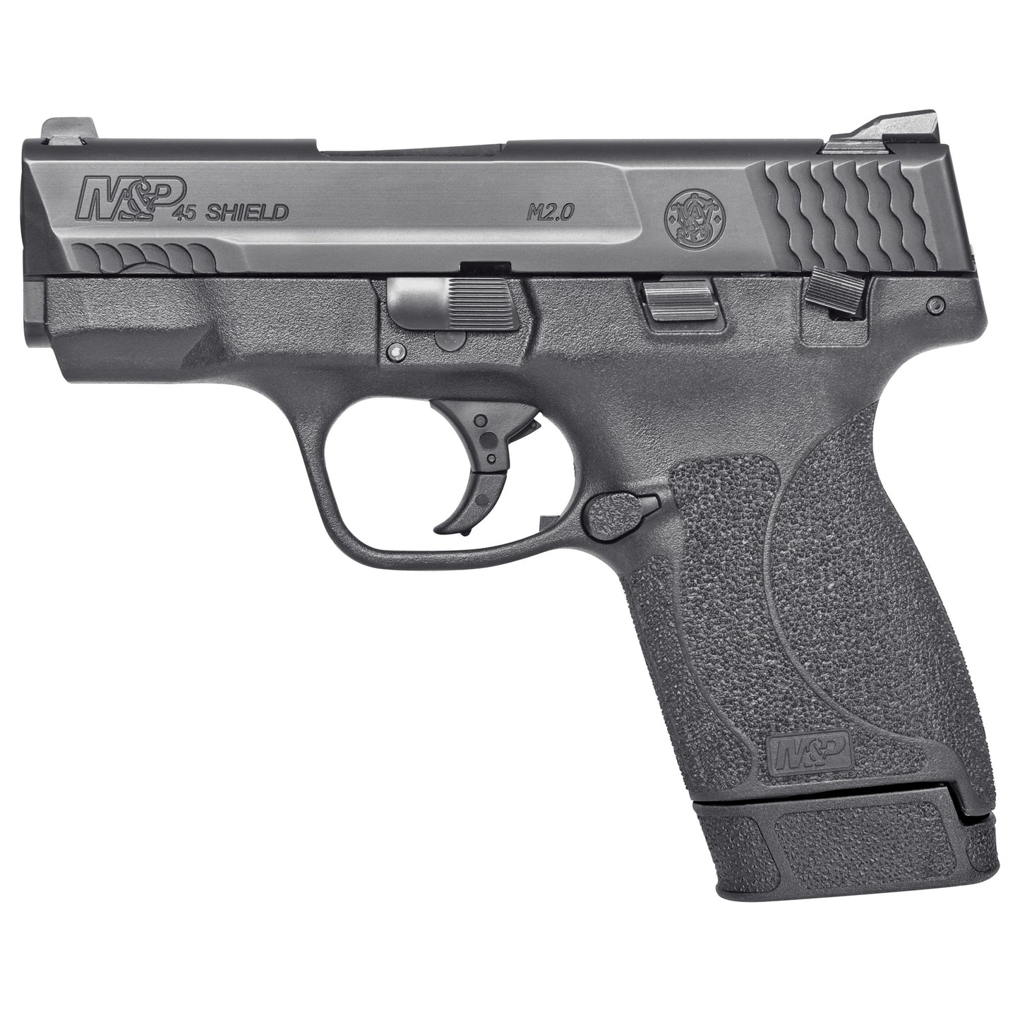 Smith & Wesson, Shield M2.0, Semi-automatic, Striker Fired, Polymer Frame Pistol, Compact Slim, 45ACP, 3.3" Barrel, Armornite Finish, Black, White Dot Front and 2 White Dot Rear Sights, Manual Thumb Safety, 7 Rounds, 1 Magazine