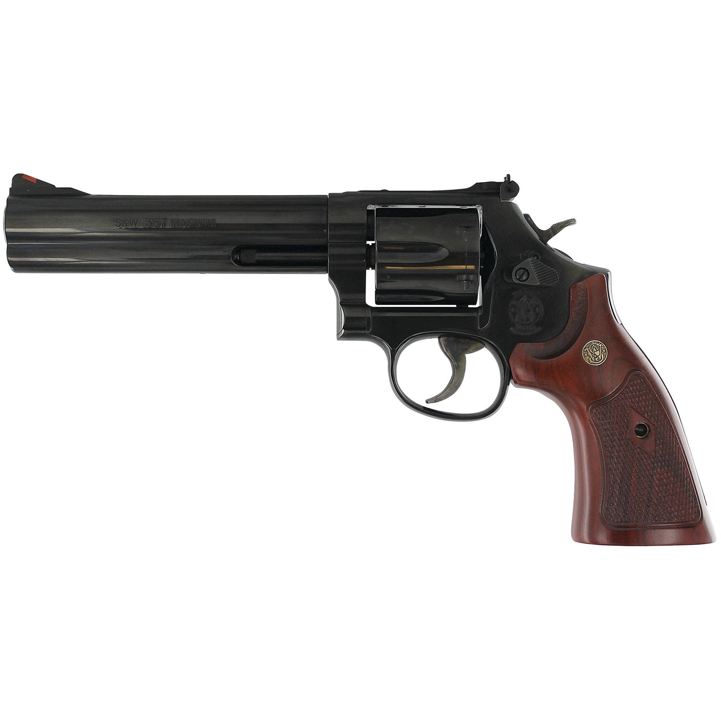 Smith & Wesson, Model 586, Classic, Double Action, Metal Frame Revolver, L-Frame, 357 Magnum, 6" Barrel, Carbon Steel, Blued Finish, Wood Grips, Red Ramp White Outline Sights, 6 Rounds