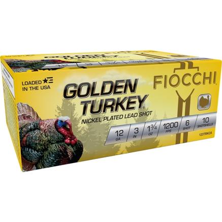 Fiocchi Golden Turkey Nickel Plated Shotshells 12ga 3" 1-3/4oz 1200 fps #6 10/ct