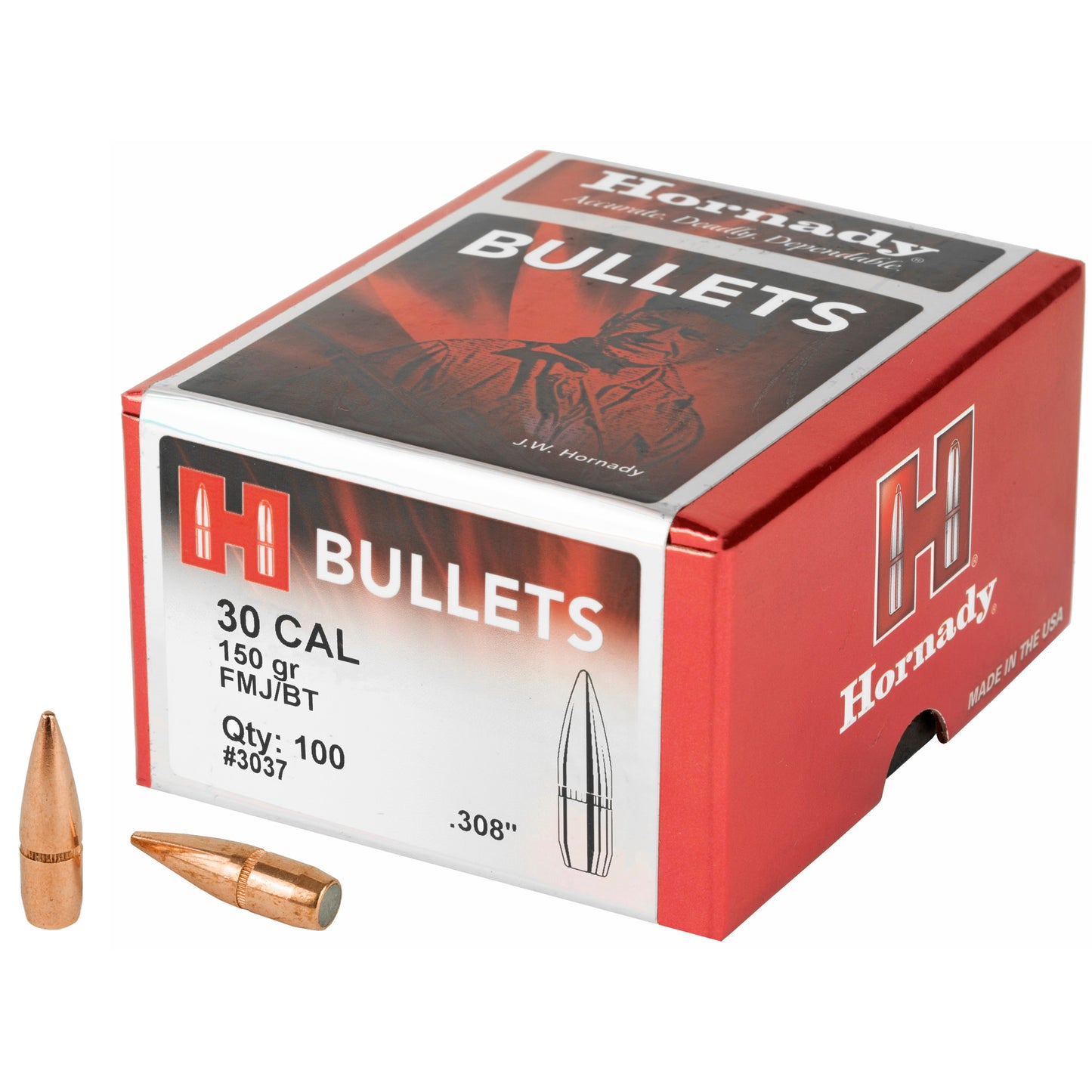 Hornady, FMJ-BT, .308 Diameter, 30 Caliber, 150 Grain, Boat Tail, 100 Count