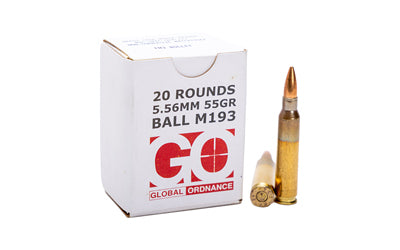 Global Ordnance, M193, 5.56 NATO, 55 Grain, Brass Case, Full Metal Jacket, 20 Round Box
