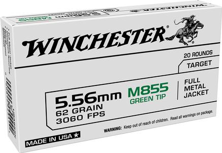 Winchester USA Lake City M855 Green Tip Rifle Ammunition 5.56mm 62gr FMJ 3060 fps 20/ct
