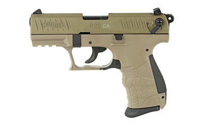 Walther, P22-CA, California Model, Semi-automatic, Double/Single Action, Compact, 22LR, 3.4" Fixed Barrel, Adjustable Sights, Polymer, FDE Finish, 10 Round, 1 Magazine