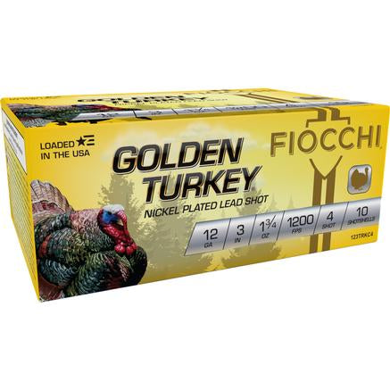 Fiocchi Golden Turkey Nickel Plated Shotshells 12ga 3" 1-3/4oz 1200 fps #4 10/ct