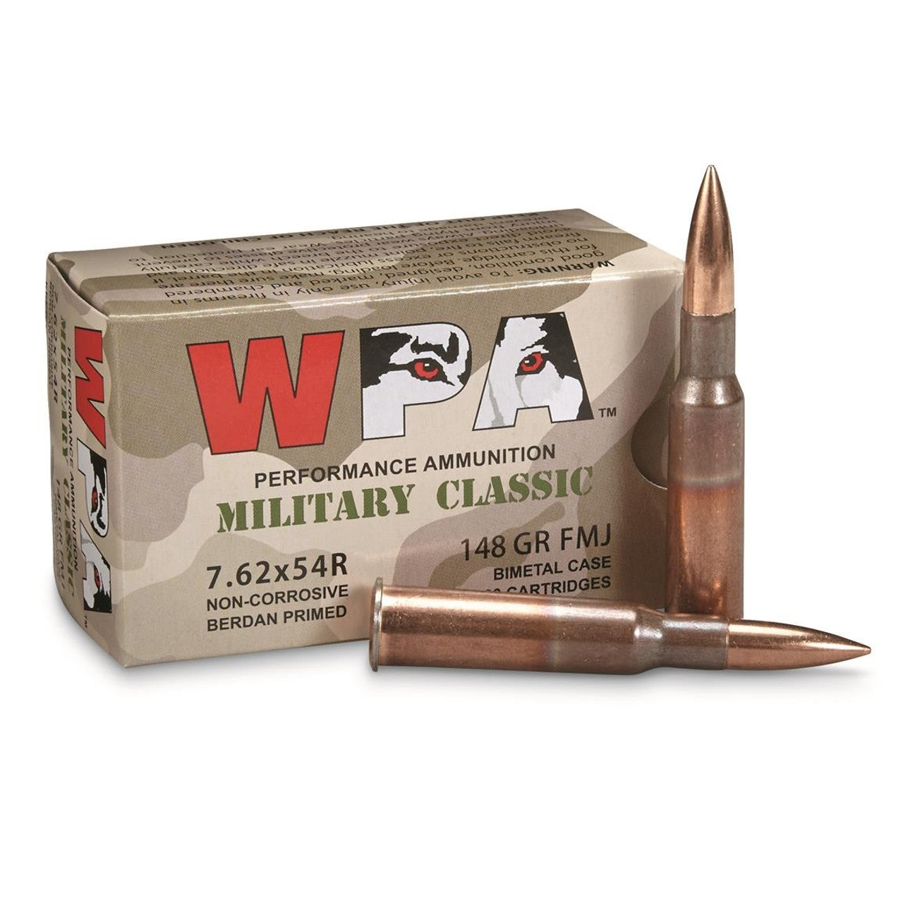 Wolf Military Classic 7.62x54R Ammunition 148 Grain Full Metal Jacket 20 Rounds